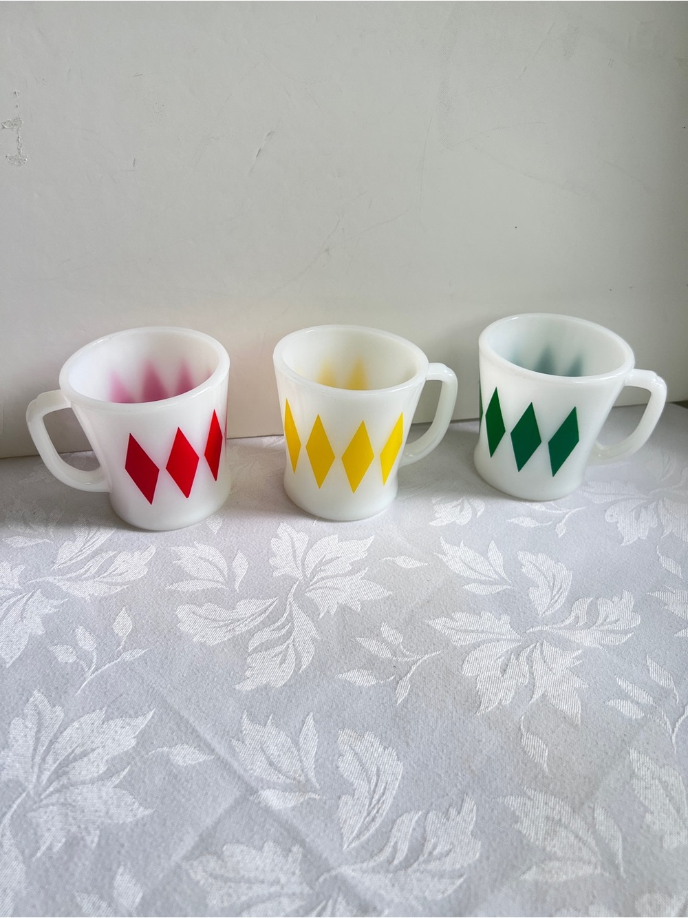 Vintage 1950s Fire King Harlequin Diamond Milk Glass Set 3 Mugs Red Yellow Green